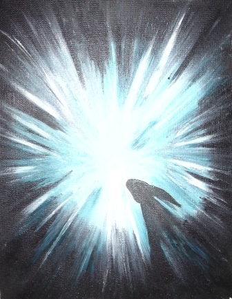 Oil Painting - Rabbit silhouetted against bright blue/white burst