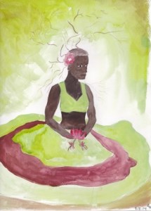 A dark skinned lady sat holding a honeysuckle flower, with skirts covering her legs. Clothed in greens and deep red.