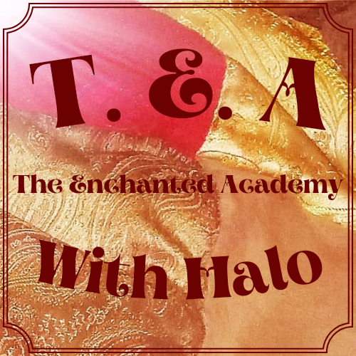 Button with text: TEA - The Enchanted Academy - with Halo (on an orange, gold, & red patchwork background)