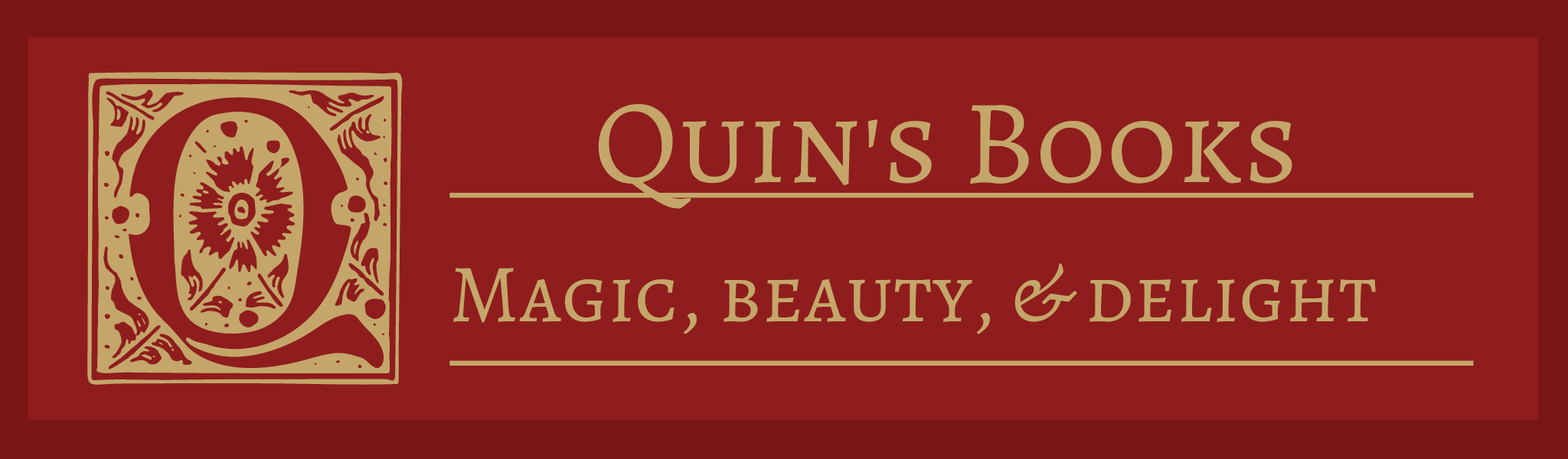 A red banner with cream text: Quin's Books - magic, beauty & delight