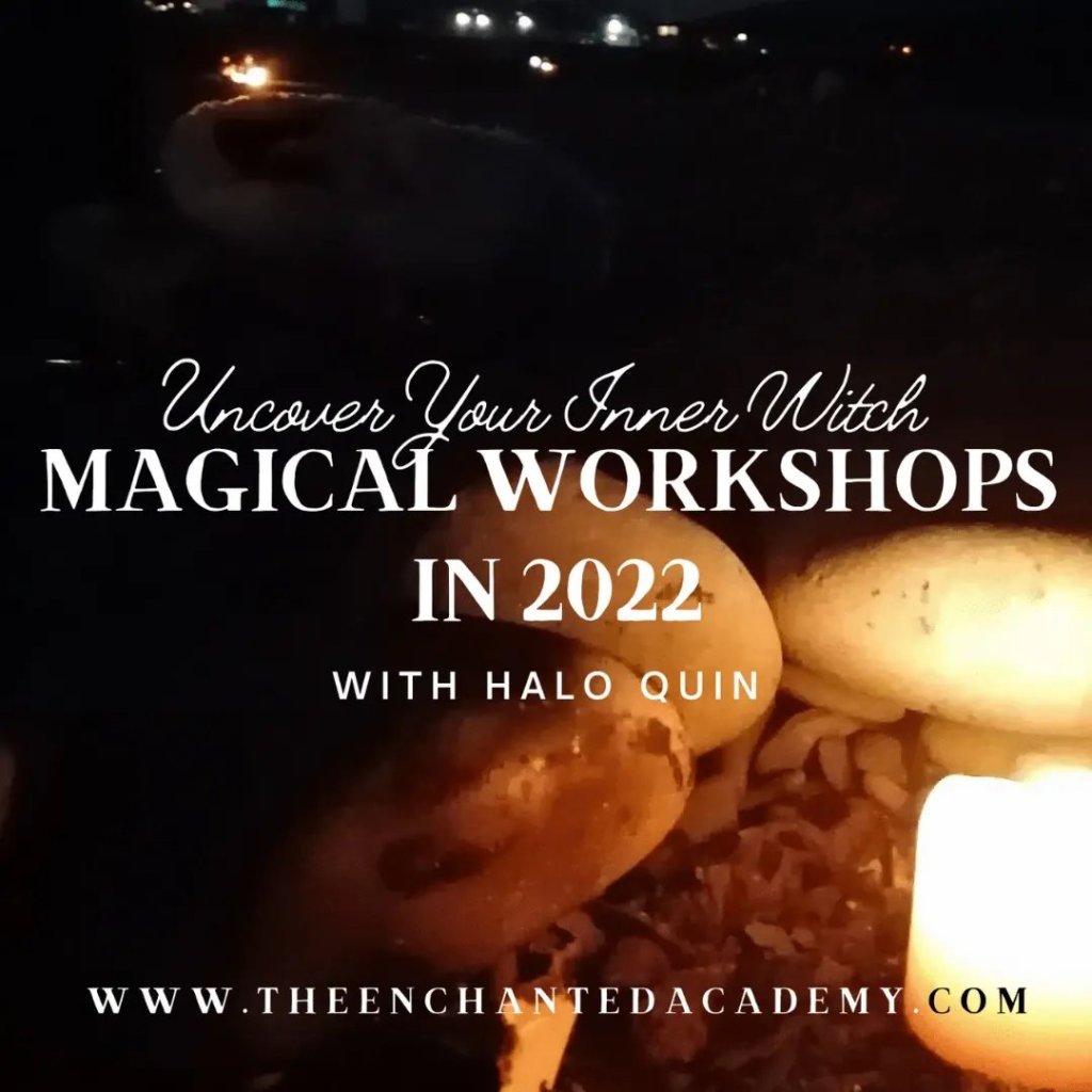 Uncover your inner witch - magical workshops in 2023 with Halo Quin - background image of lit candle on a beach at night. 