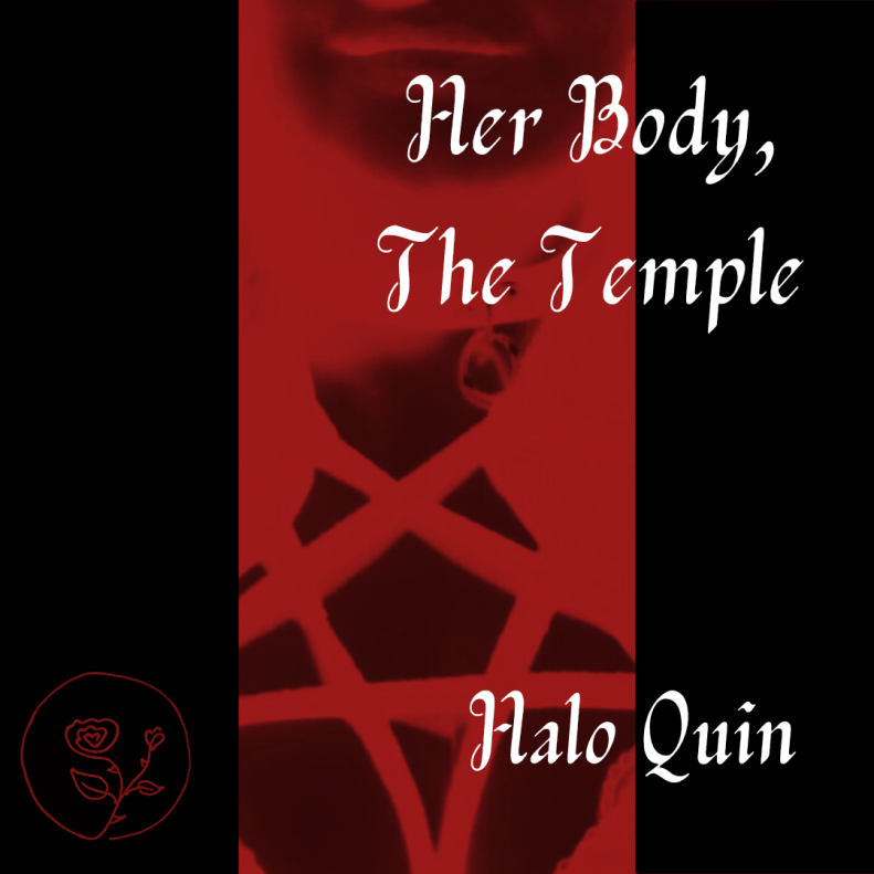 Album cover: Her Body The Temple by Halo Quin - a black and red image of a rope pentagram chest harness pattern on a femme person, smile just in shot.