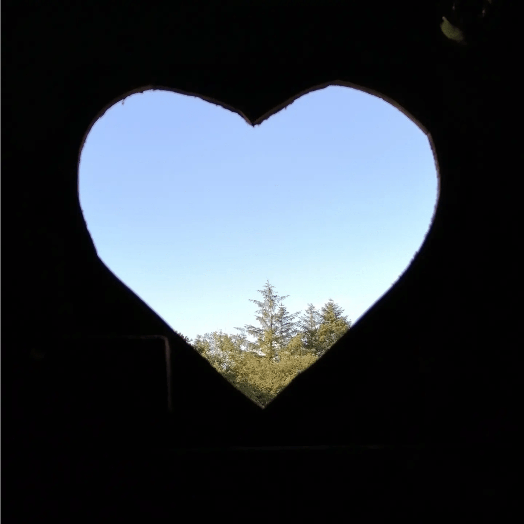 A heart shaped window framing sunny blue sky and the tops of trees