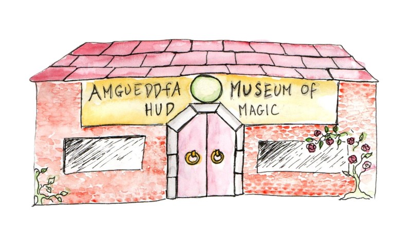 Sketch with watercolour of a cottage style museum with roses round the windows and sign saying: "Amgueddfa Hud / Museum of Magic"